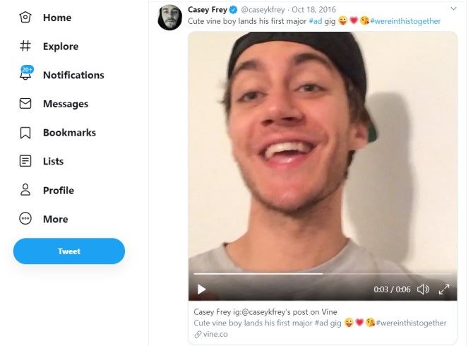 Твит с встраиваемой ссылкой на Vine внизу видеоплеера