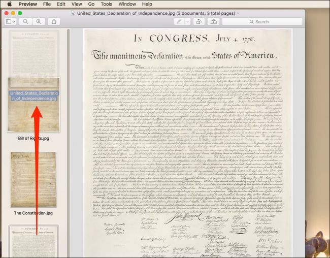 Перетаскивание изображений в боковой панели Preview для смены порядка