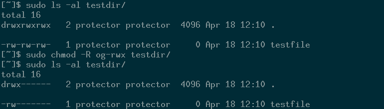 Вывод команды chmod, показ изменения прав доступа