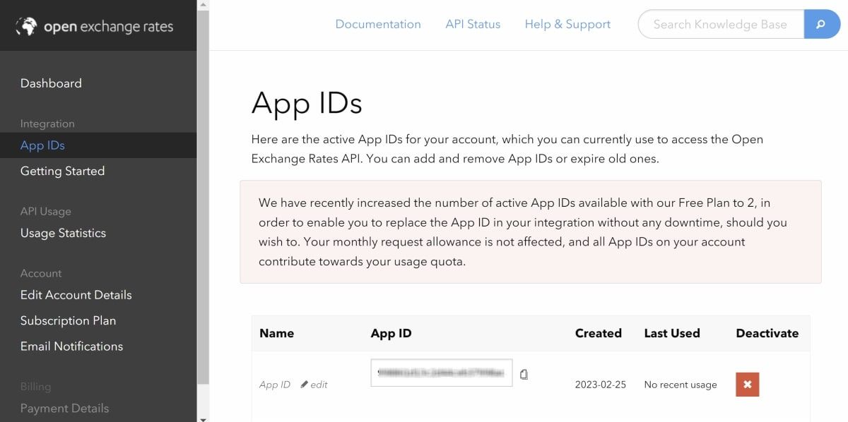 Страница App IDs в личном кабинете Open Exchange Rates