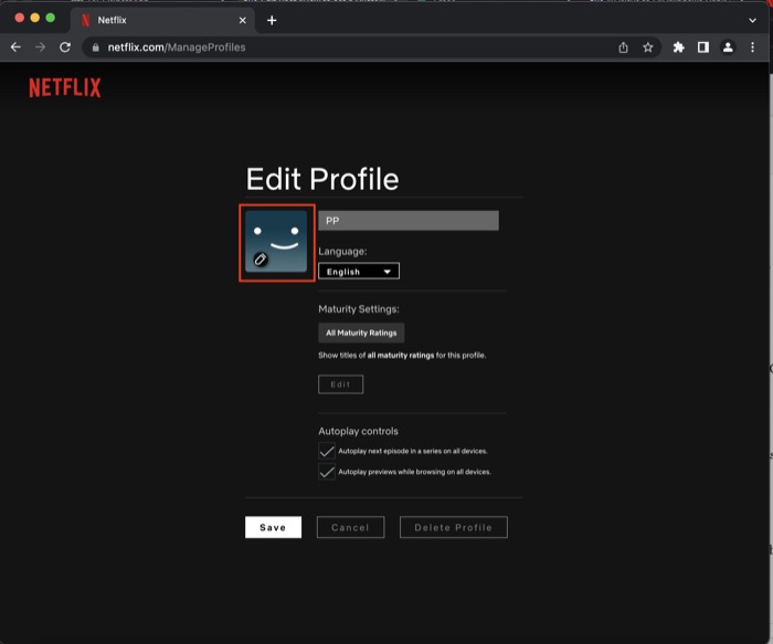 Пример подтверждения выбранного стандартного изображения профиля Netflix