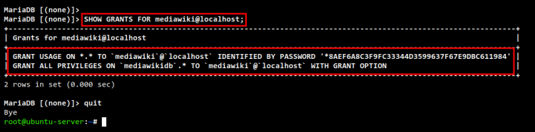 Проверка прав пользователя mediawiki в MariaDB