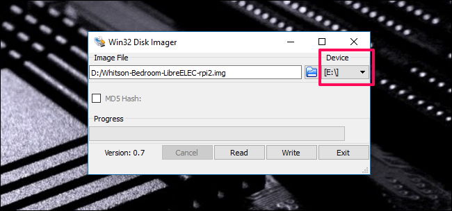 Выбор устройства для чтения в Win32 Disk Imager