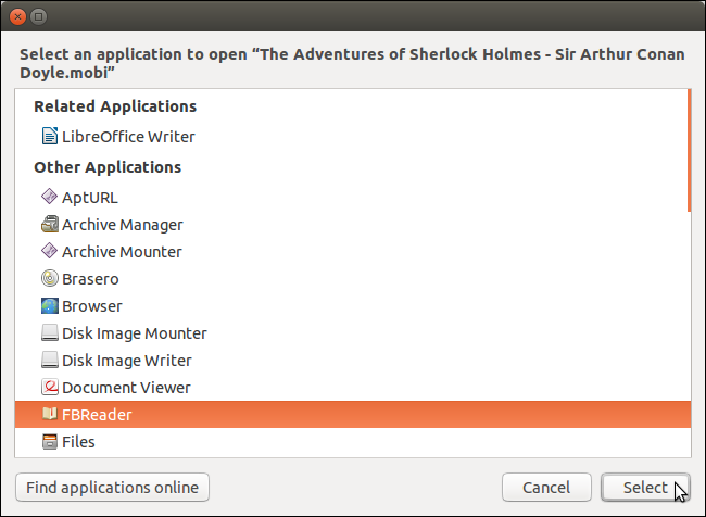 Выбор FBReader в списке приложений