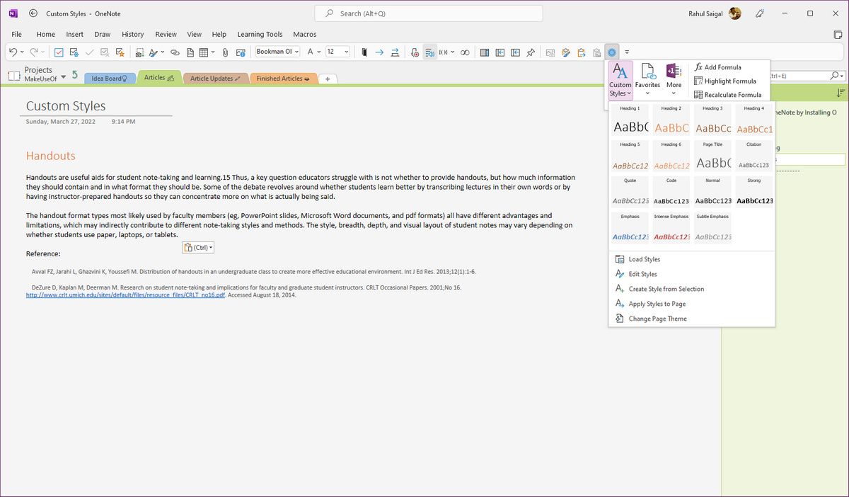 Управление стилями и избранным в OneMore