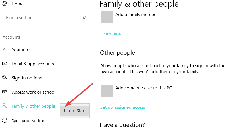 Пример закреплённой страницы Параметров в меню Пуск