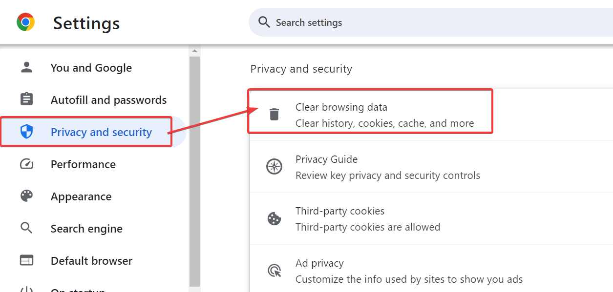 Chrome 브라우저의 캐시 및 쿠키 삭제 화면
