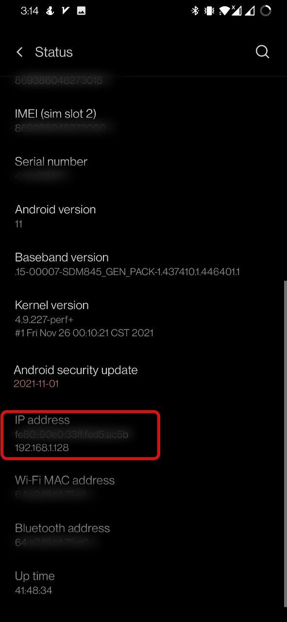Статус сети и IP-адрес устройства Android