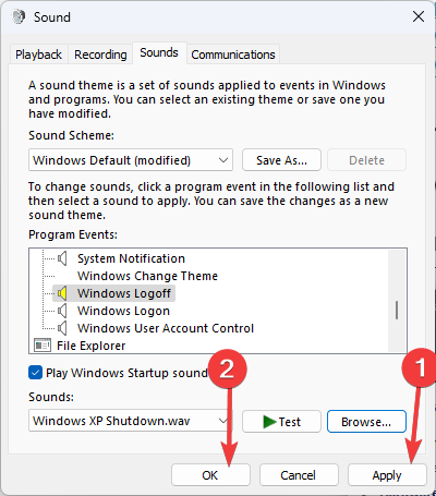 Кнопки Применить и ОК после выбора звука