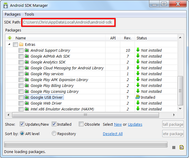 Путь к Android SDK в SDK Manager