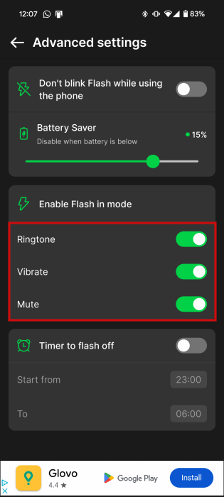Параметры «Enable Flash in mode» в приложении Flash Alert & LED Flashlight