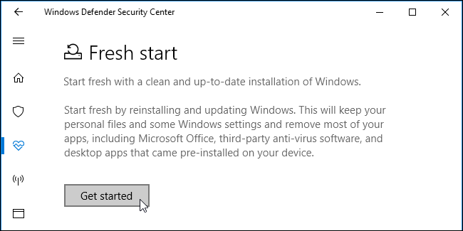 Вариант Fresh start в Windows Defender для чистой установки без «лишнего ПО»