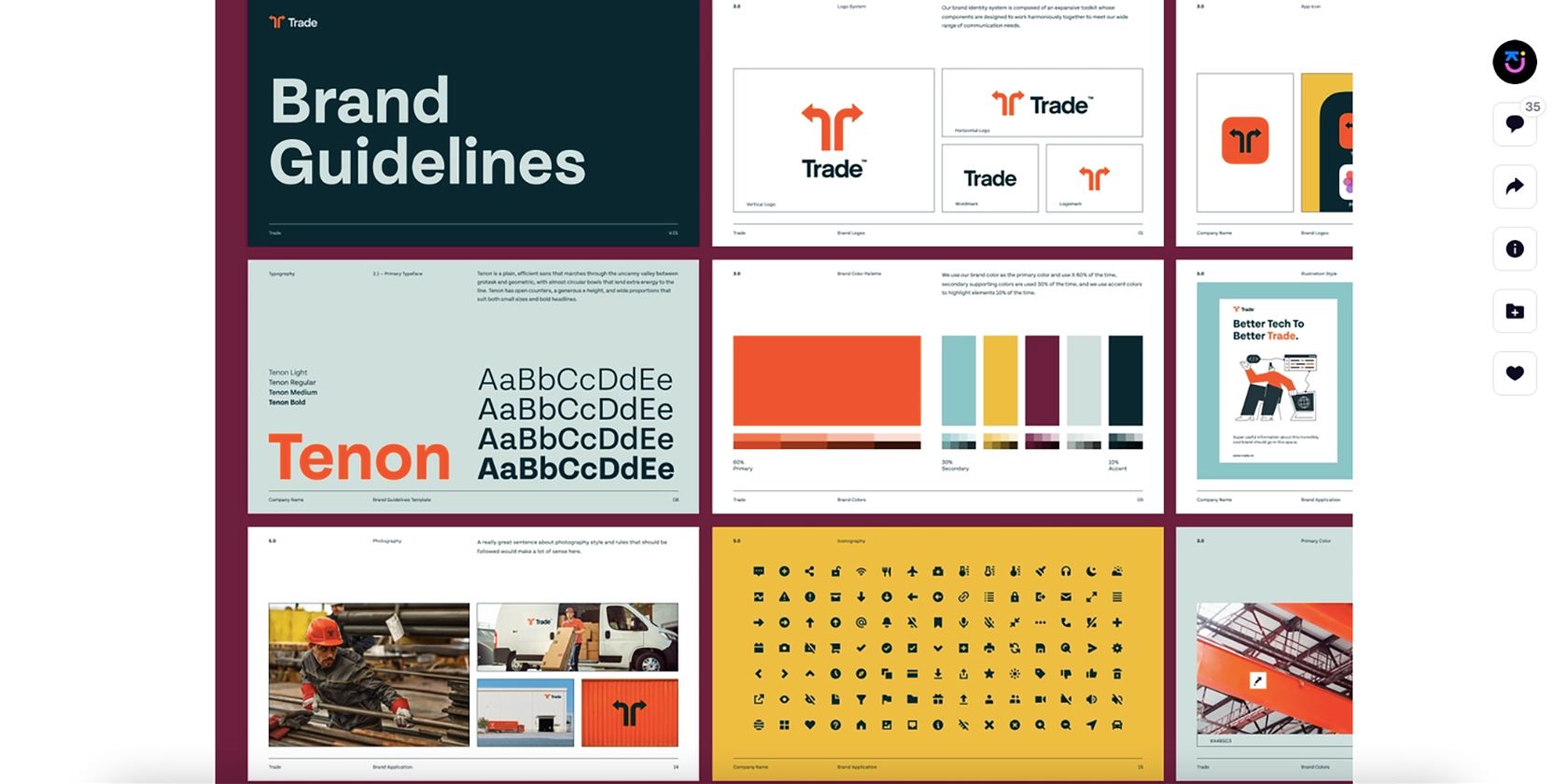 Разворот полного брендбука на экране.