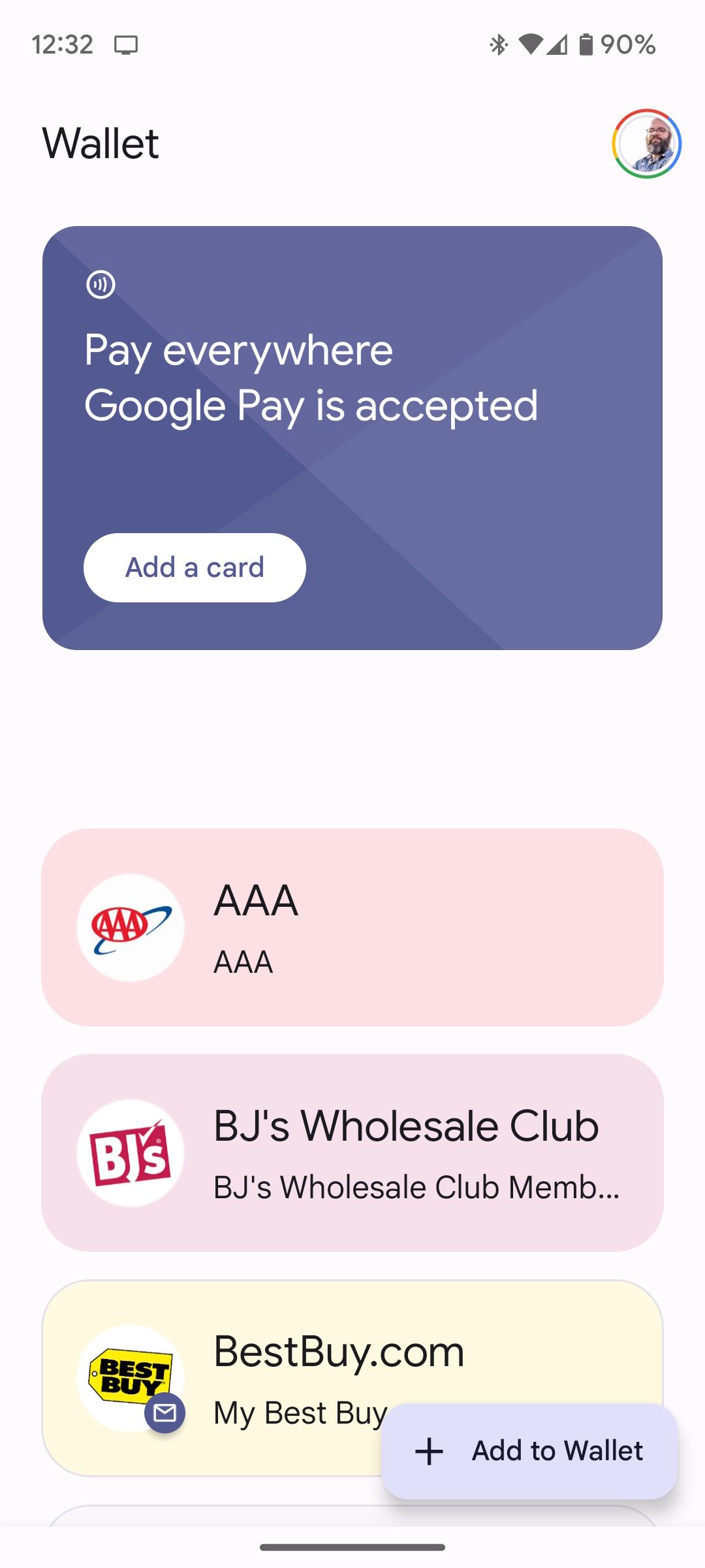 Экран Google Wallet с доступными опциями добавления