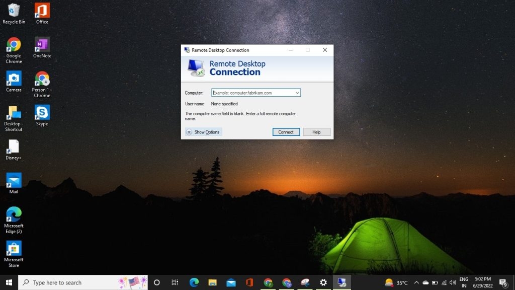Окно Подключение к удалённому рабочему столу