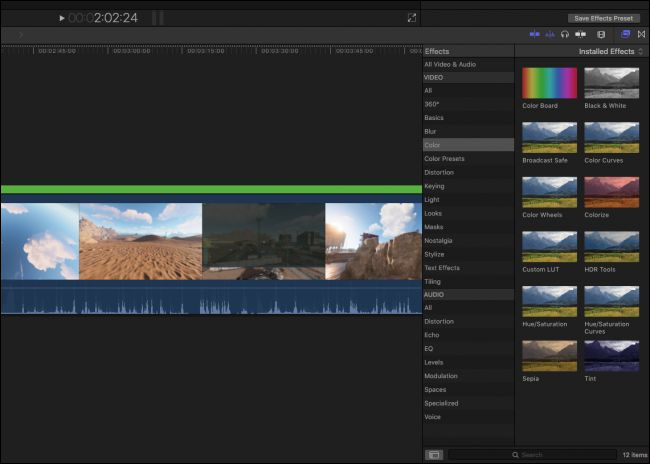 Панель эффектов Final Cut Pro X