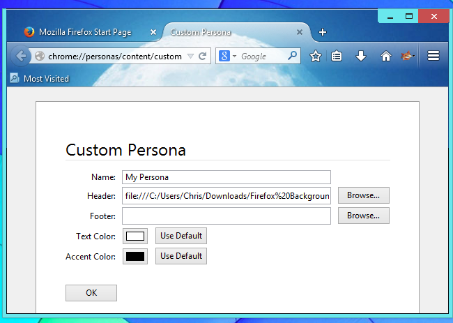 Выбор изображения и цветов в окне редактирования темы Personas Plus