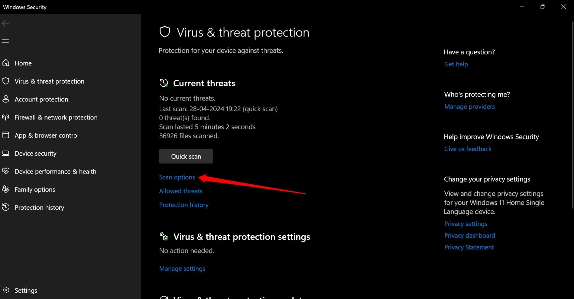 Выбор параметров сканирования Windows Defender