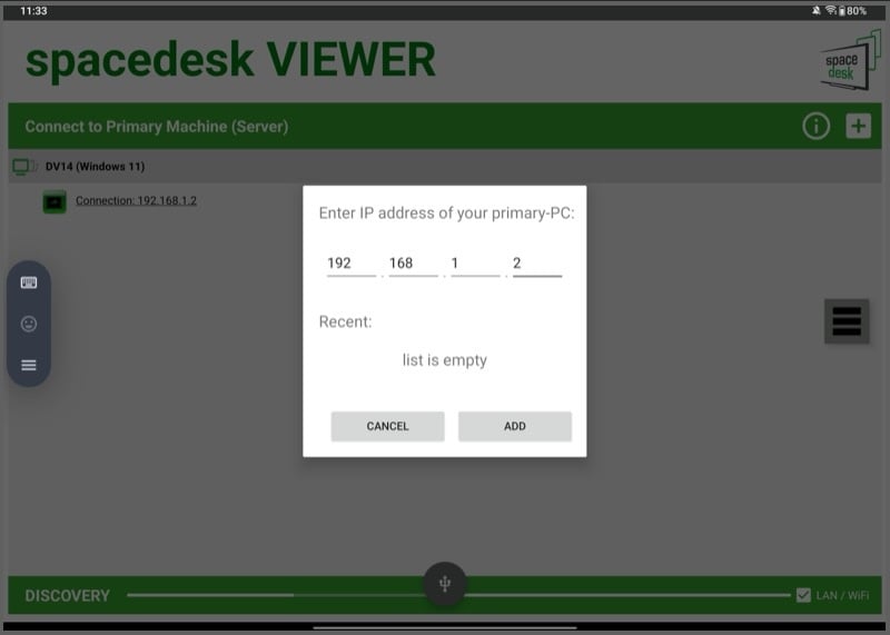 подключение к ПК вручную в приложении spacedesk viewer