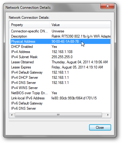 Скриншот окна «Сведения о сетевом подключении» с физическим адресом