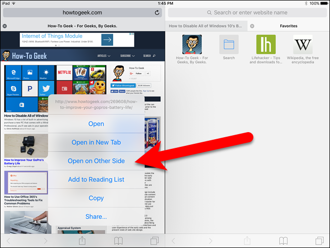 Открытие ссылки в другом окне через опцию «Open on Other Side»