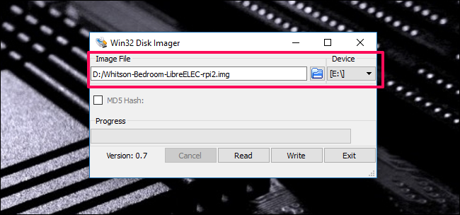 Выбор сохранённого образа для записи на SD-карту