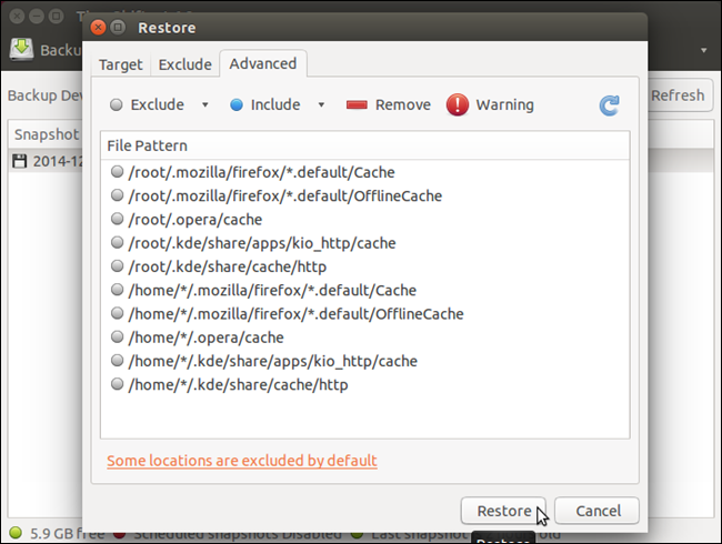 Вкладка дополнительных настроек при восстановлении с выбором исключаемых элементов
