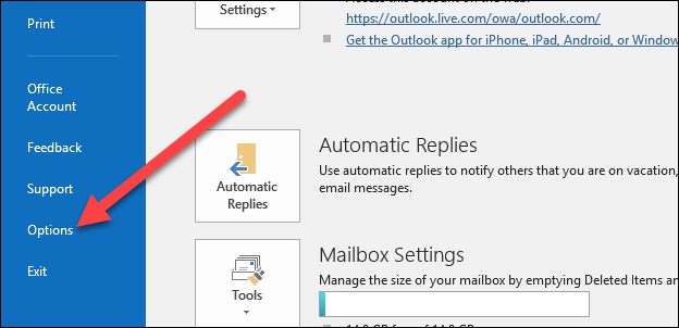 Окно параметров Outlook с подсвеченной категорией Параметры