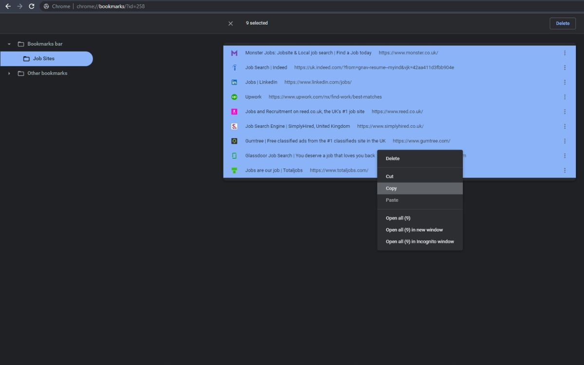 Выделение закладок в папке и контекстное меню с копированием
