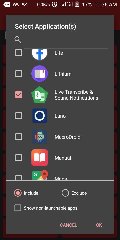 Выбор приложения в MacroDroid для прослушивания уведомлений