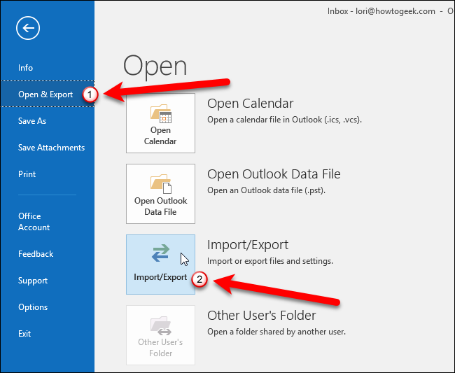Переход к импорту и экспорту в Outlook