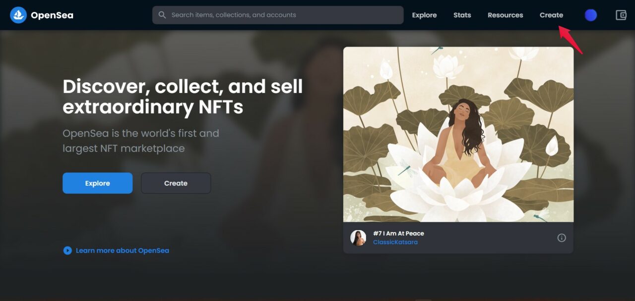 Кнопка Create на OpenSea в интерфейсе