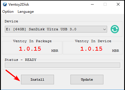 Кнопка установки Ventoy в интерфейсе