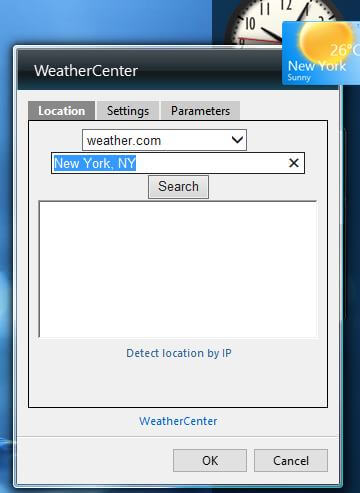 Параметры виджета WeatherCenter: выбор местоположения и источника прогноза