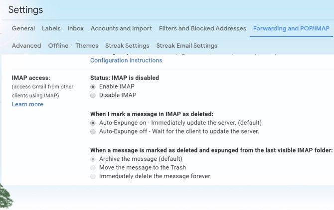 Настройки Gmail — включение IMAP для резервного копирования SMS