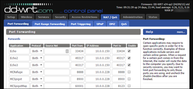 Панель управления перенаправлением в DD-WRT
