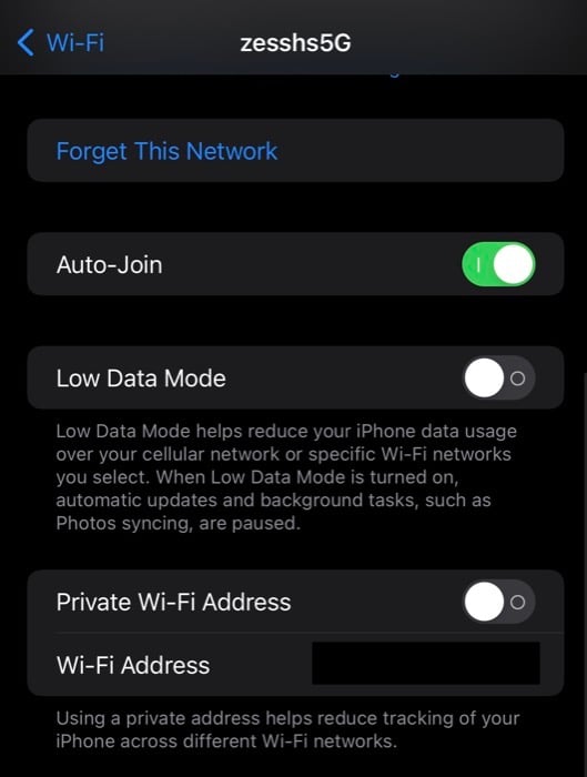 Переключатель приватного Wi‑Fi‑адреса в настройках сети