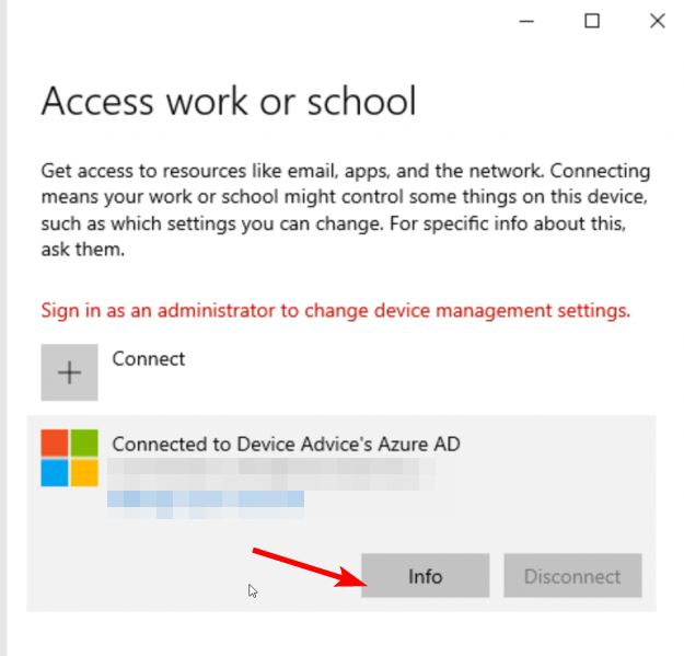 Кнопка «Сведения» для учётной записи Azure AD в Windows
