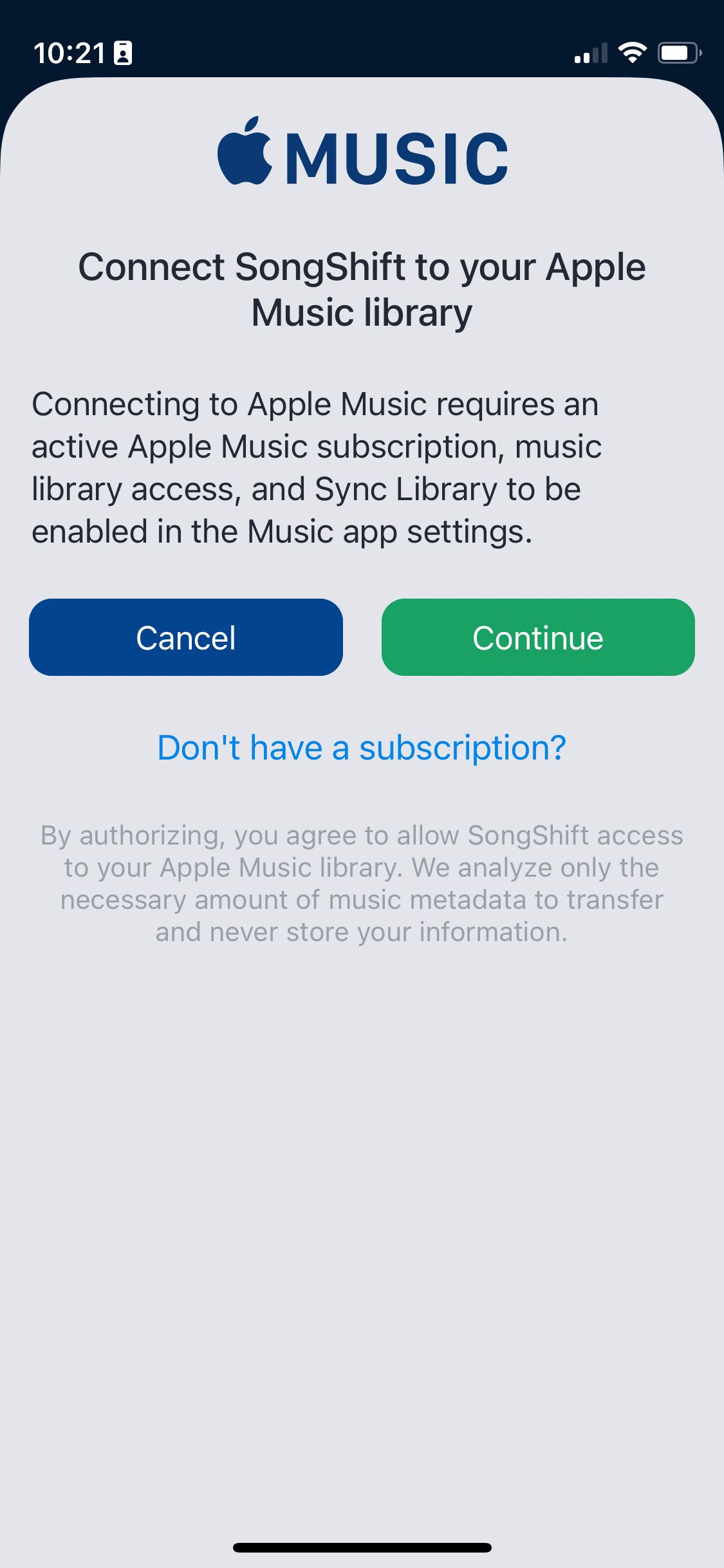 Запрос разрешений Apple Music в SongShift