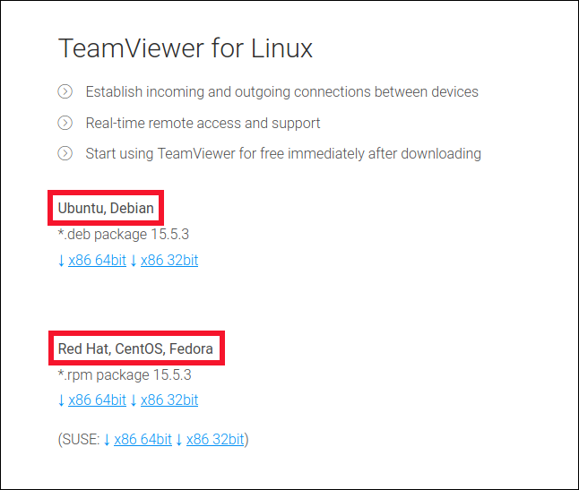 Страница загрузки TeamViewer с выделенными ссылками для Ubuntu и Fedora в окне браузера