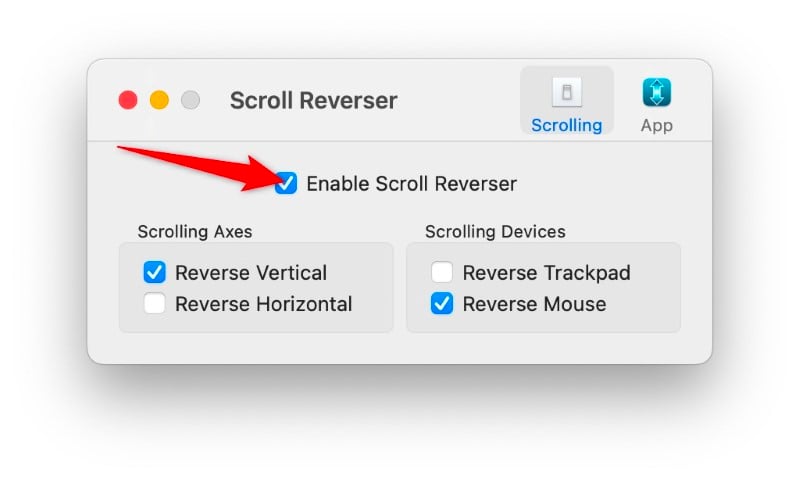 флажок включения Scroll Reverser