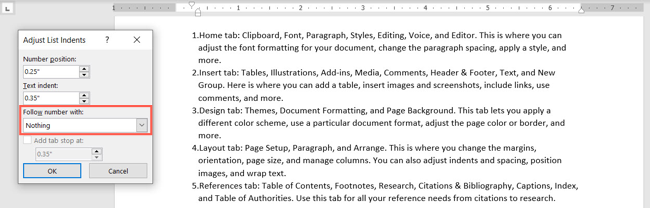 Настройка 'Следовать за номером' — табуляция, пробел или ничего