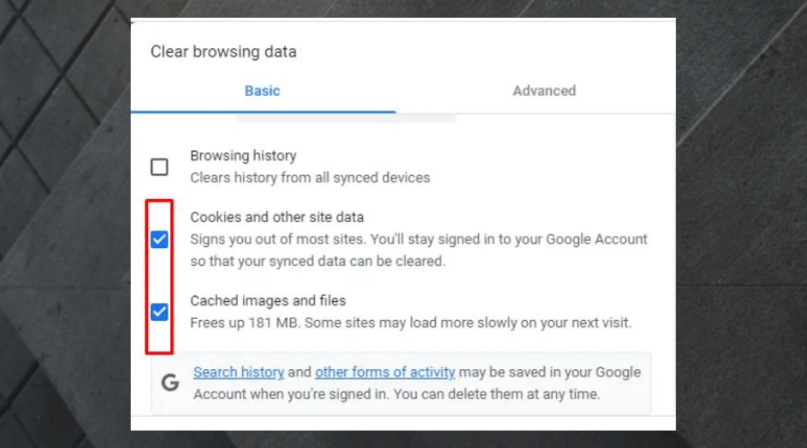 Флажки для выбора истории и файлов cookie перед очисткой