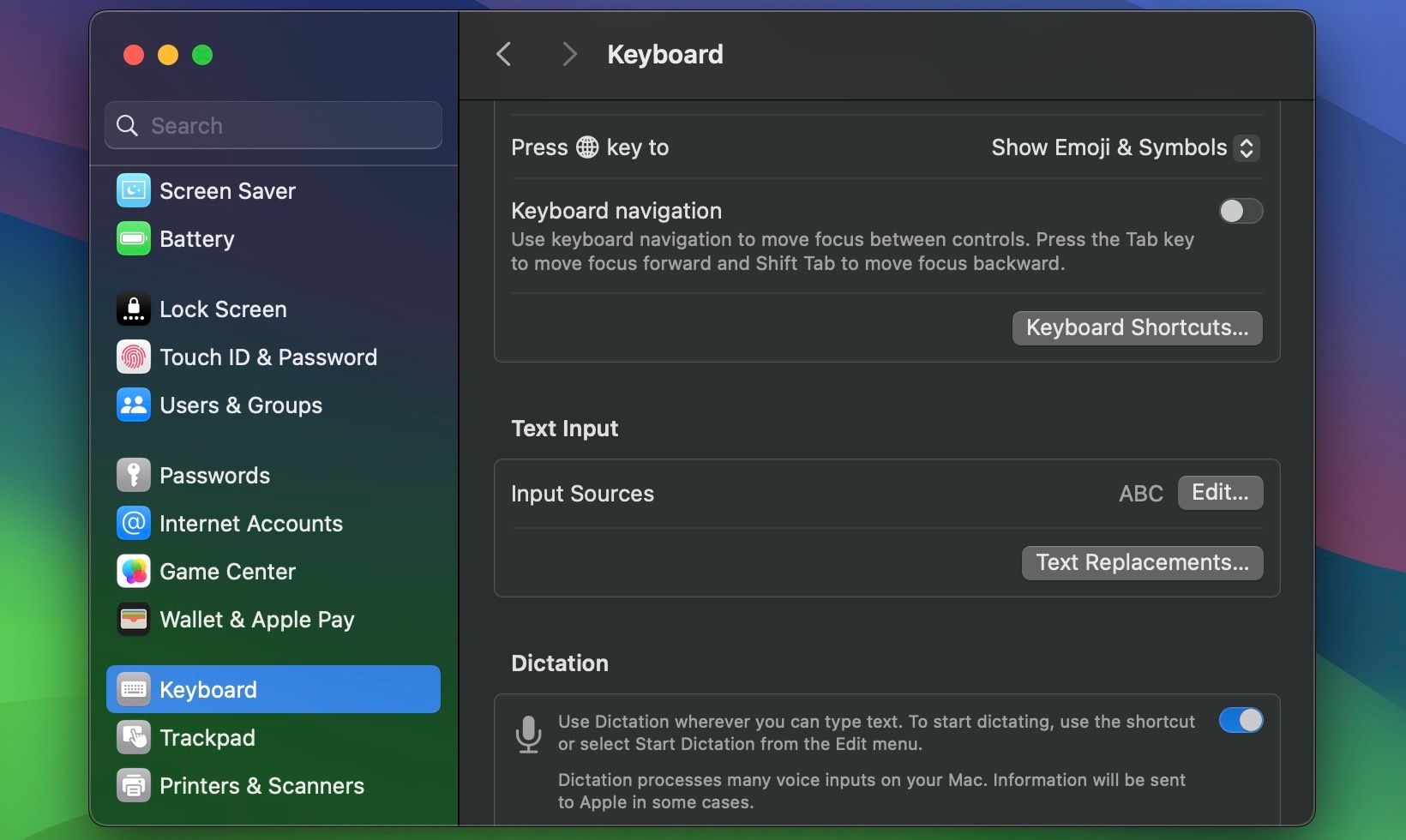 Меню настроек клавиатуры в macOS