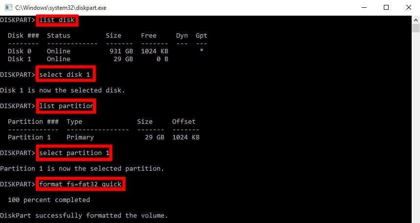Immagine: esempio di comando diskpart con formattazione fat32