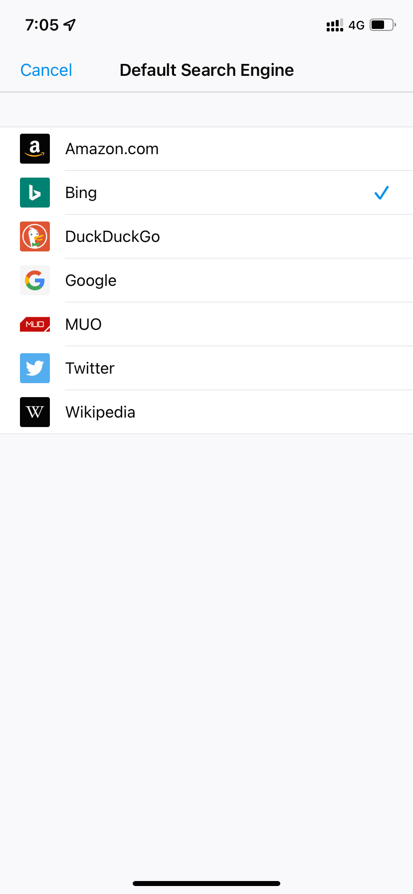 Выбор поисковой системы в Firefox на iPhone