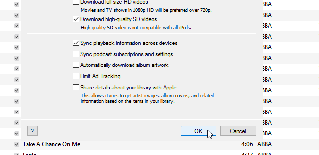 Нажатие OK для сохранения настроек iTunes