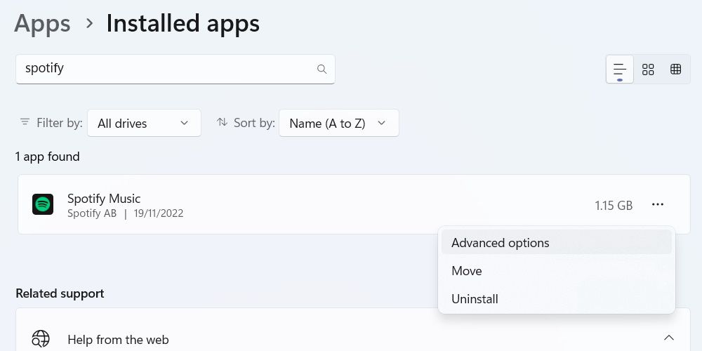 Выбор дополнительных параметров для приложения Spotify в списке установленных приложений