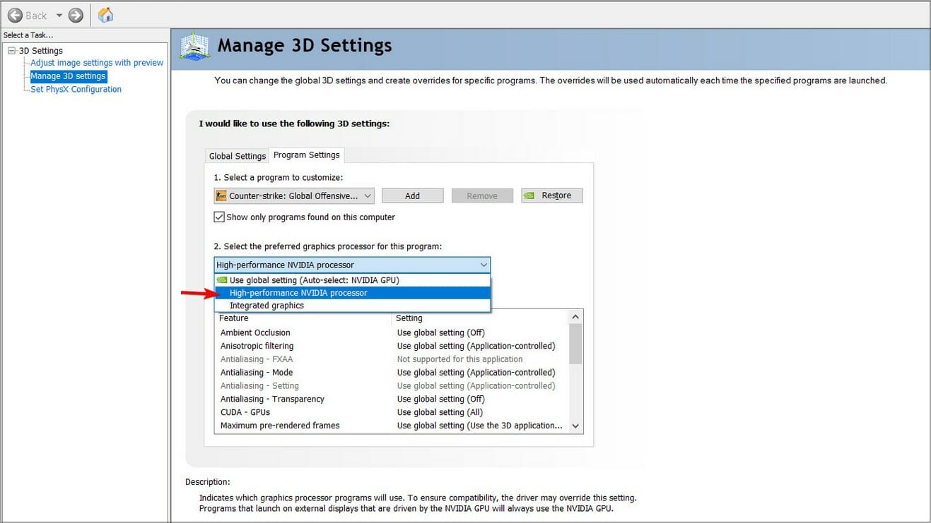 Selezione processore grafico ad alte prestazioni nel pannello NVIDIA