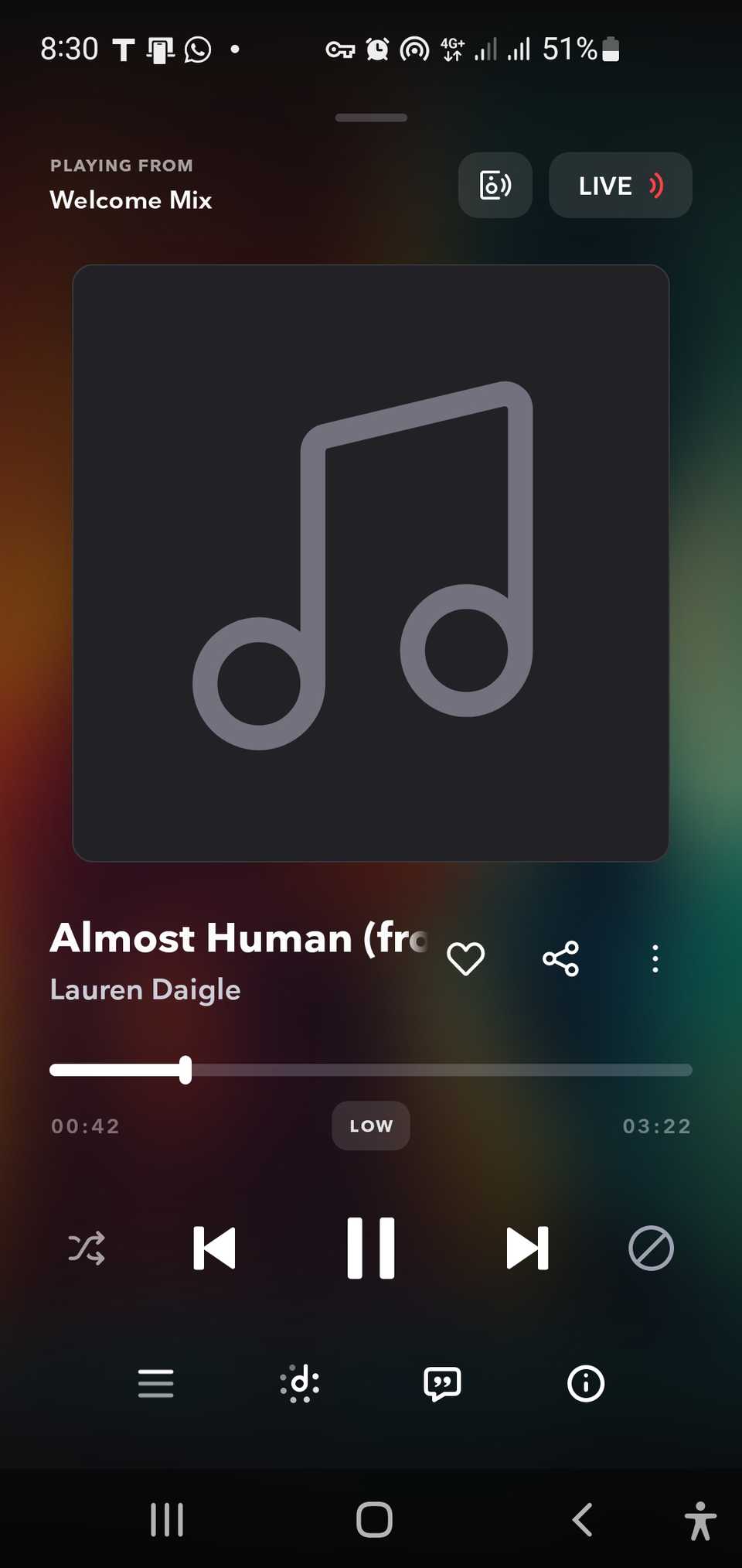 Скриншот Tidal с треком Lauren Daigle на мобильном устройстве
